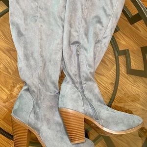 Grey suede fold over knee boots, size 8 1/2